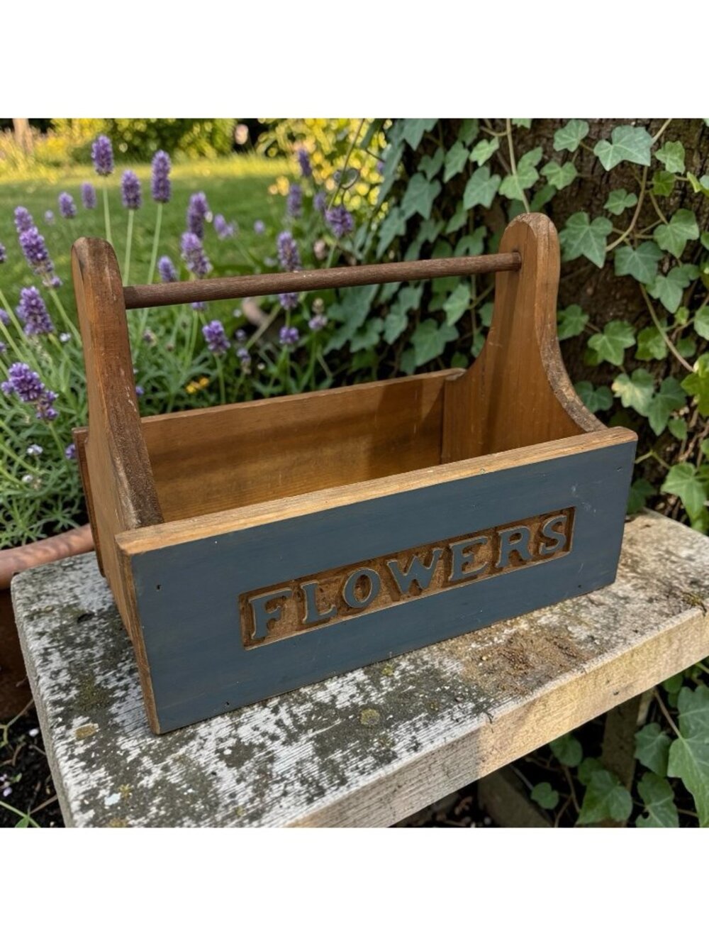 Vintage Wooden Box W Handle Blue Flowers Cottagecore Decor Country Rustic Garden